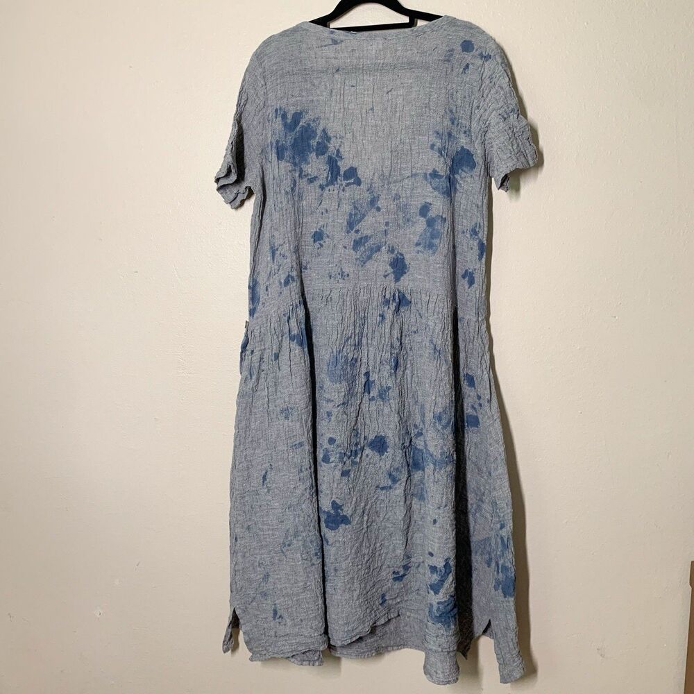 Luukaa "Fire" Midi Dress US 8 Linen Tie Dye Blue Short Sleeve V-Neck Pocket - Picture 6 of 7